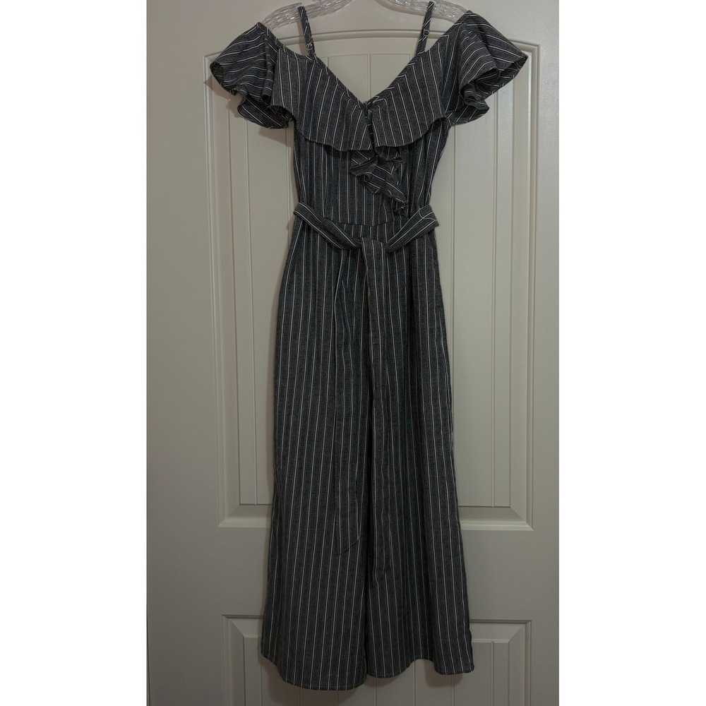 Umgee Grey Striped Off Shoulder Wide Leg Jumpsuit S Pocket Belted Ruffle Coastal - Picture 2 of 12